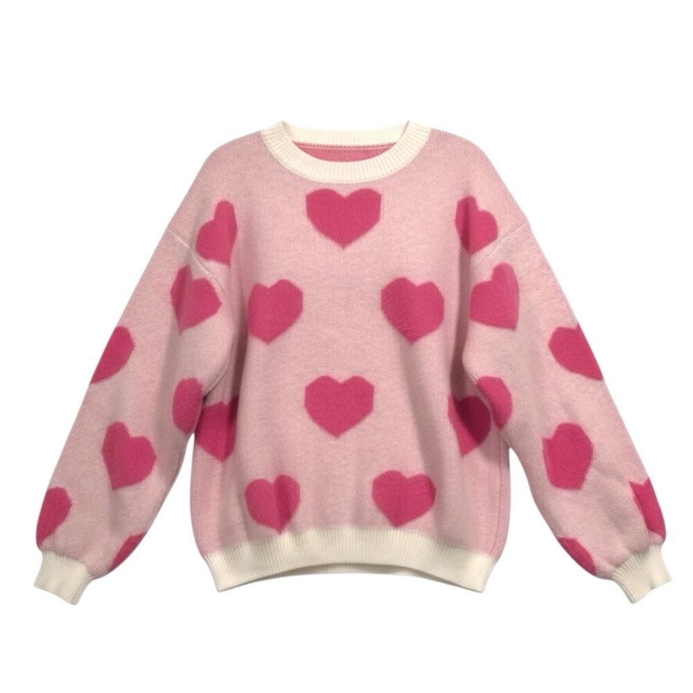 Pink Heart Fuzzy Knit Sweater Women’s Medium Cozy Pullover New Without Tags